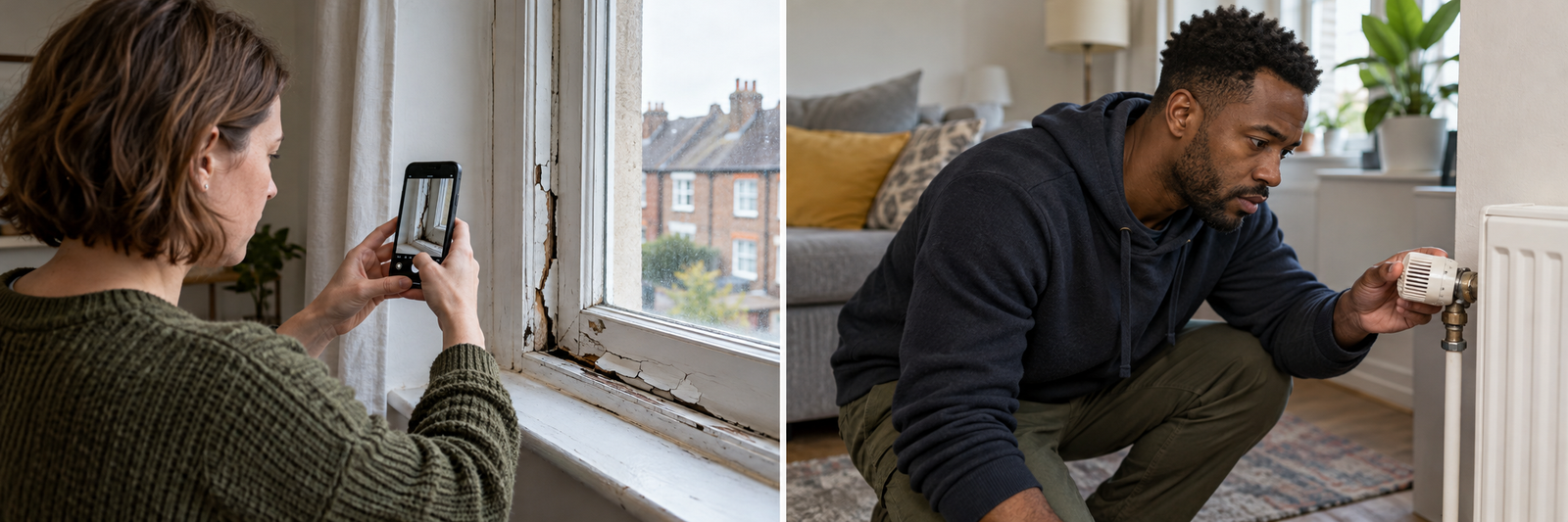 Tenant photographing damage to a window frame