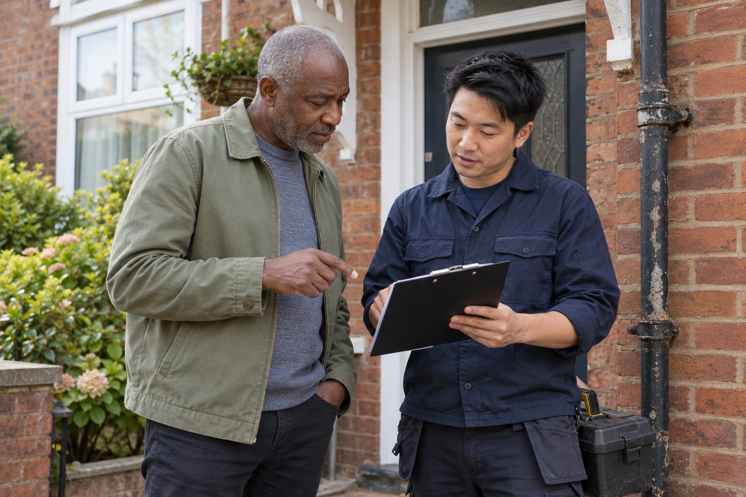 A landlord and maintenance worker reviewing repairs at a property