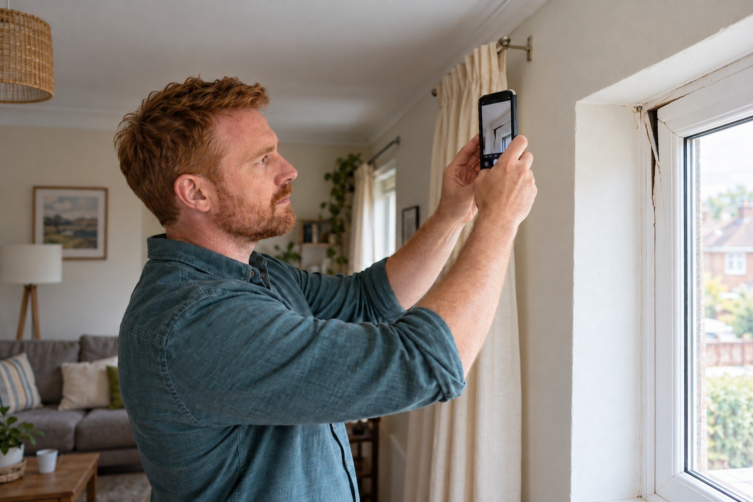 A tenant photographing a damaged window frame