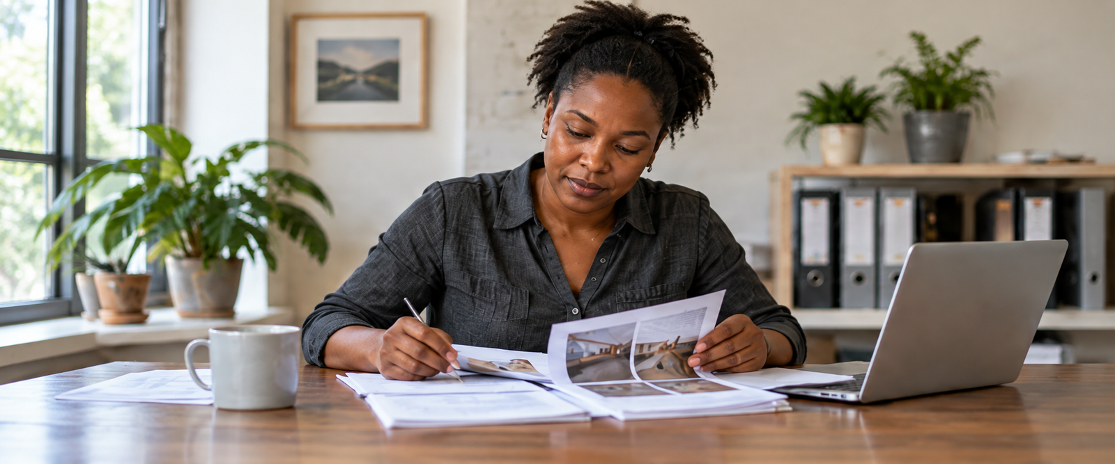 Landlord reviewing inspection photographs and repair records